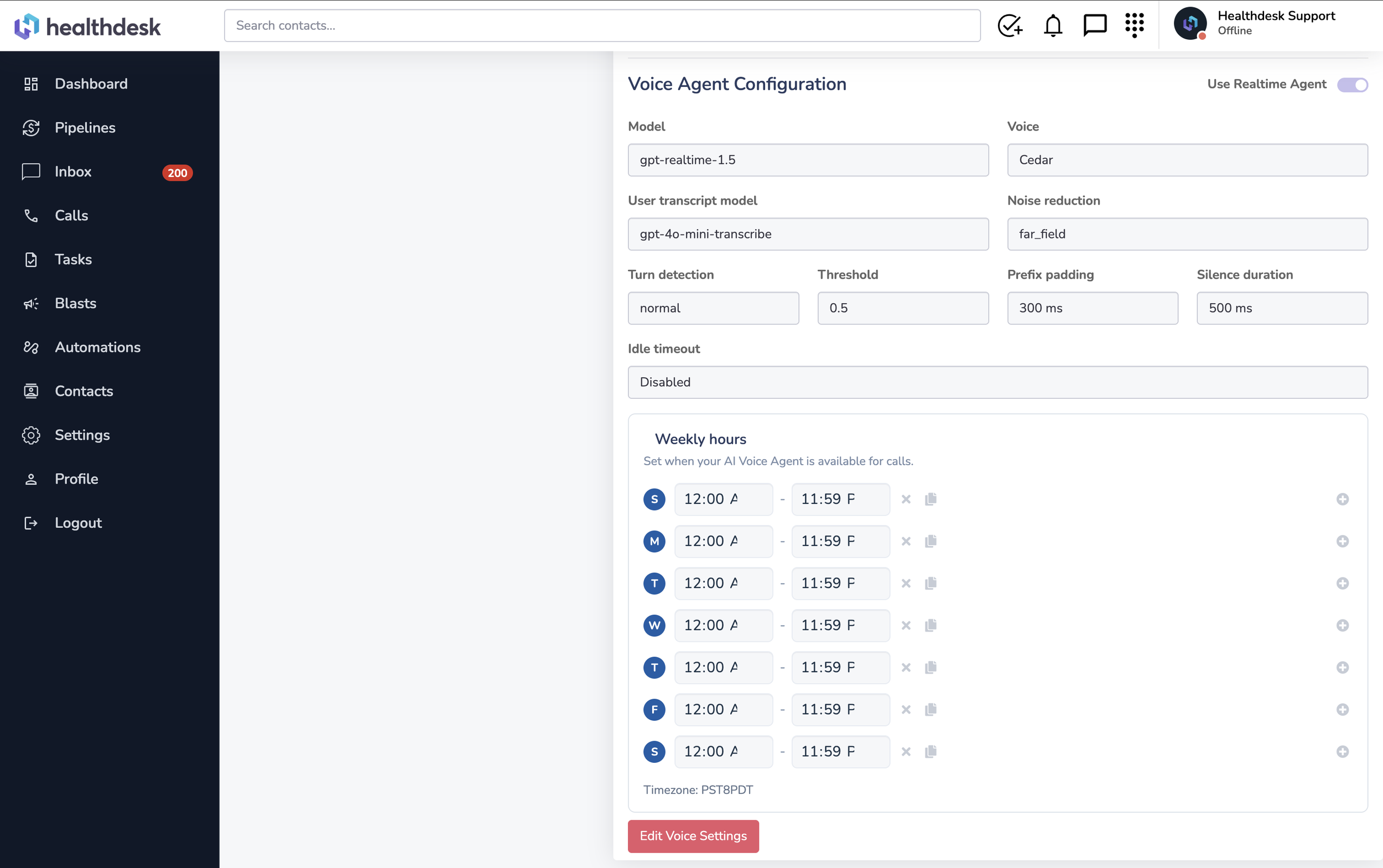HealthdeskAI Voice Agent configuration screen showing model, voice, hours of operation, and weekly availability.