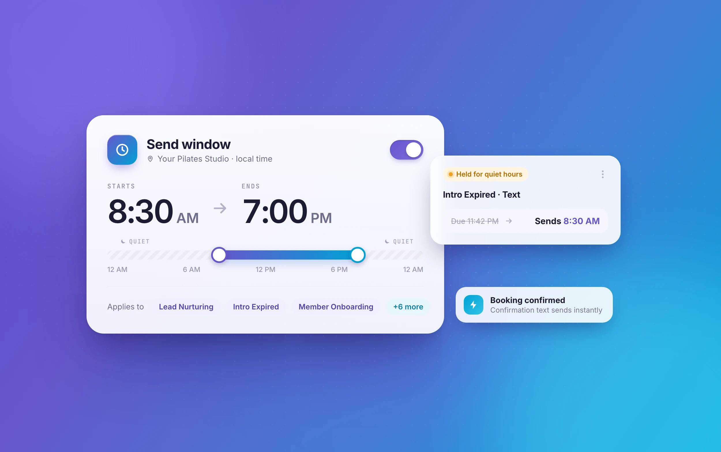 A send window set from 8:30 AM to 7:00 PM, with an Intro Expired text held overnight until the window opens and a booking confirmation sending instantly.